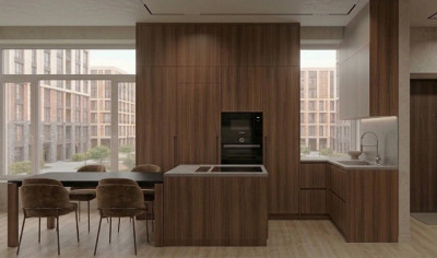 Кухня під замовлення у Києві — Сучасний мінімалізм         Елегантна кухня з текстурою натурального дерева та інтегрованою технікою. Ідеальне поєднання функціональності острова та естетики мінімалізму для вашої оселі.