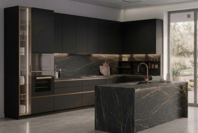 Кухня Laurent Black           Розкішна острівна кухня, де головним акцентом є іспанський керамограніт Ascale Laurent Black. Поєднання матового антрациту та золотистих прожилок каменю.  Вартість вказана за 1 метр погонний.