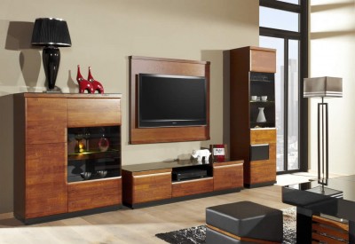 Модульная мебель VERANO Mebin Комплектация на фото: бар высокий, витрина, тумба ртв макси, панель ТВ.